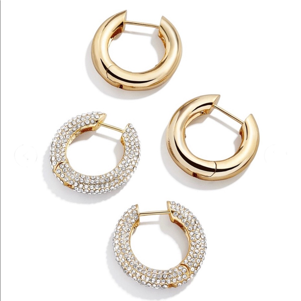 BaubleBar Set of 2 Polished Gold & Pavé Hoop Earrings New